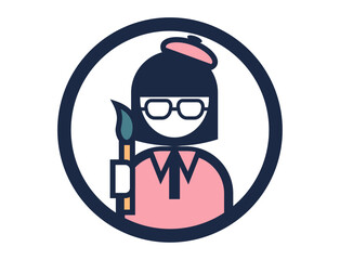 絵筆を持った画家の丸いシンプルなカラーイラストアイコン