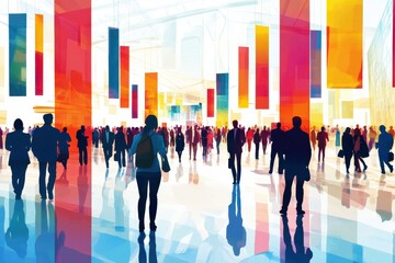 Businesspeople engage actively in a vibrant conference environment filled with colorful displays and dynamic interactions during a professional networking event held in a spacious venue