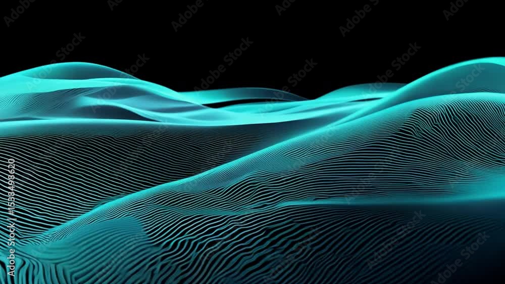 Poster abstract flowing blue waves with intricate line patterns on a dark background, conveying fluidity an