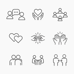 Set of simple outline style icons representing friendship, loyalty, trust and emotional connection, Perfect for web, apps and social design themes