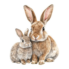 watercolor vector of A Mother Rabbit With Her Kid, isolated on a white background.