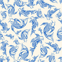 A hand-drawn ink pattern featuring Japanese koi fish, symbolizing perseverance and good fortune. Ideal for textiles, wallpapers, packaging, stationery, and elegant decorative projects.