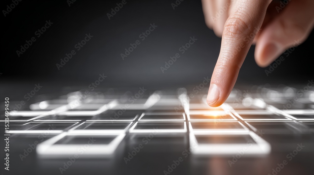 Poster a close-up of a finger interacting with a digital touchscreen interface.