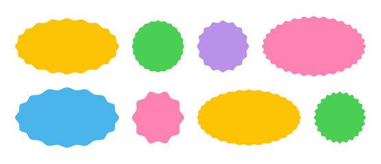 Colorful scalloped badges. Label shapes in oval and round designs with corrugated wave edges in pink, blue, yellow, green, and purple.