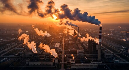 Industrial Factory Emitting Plumes Under Warm Sunset Skies - Aerial View