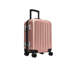 A compact carry-on luggage piece featuring a sleek design in rose gold., transparent background