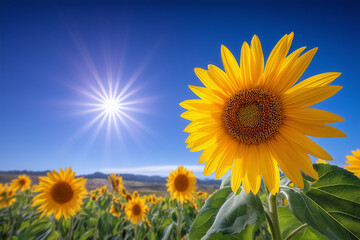 Sunflower stands tall in sunny field with clear blue sky overhead. Lush green leaves and bright petals create a cheerful setting. Concept of agriculture, nature, wellness