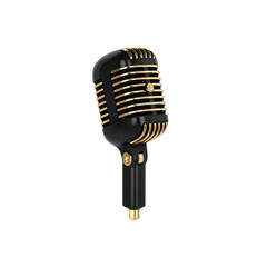 Fototapeta premium A black microphone featuring a rounded head and elongated body is accented by gold rings and a gold tip, transparent background