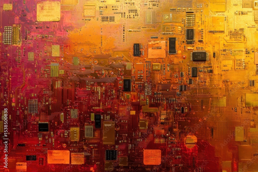 Poster exploring a vibrant electronic circuit board background with intricate designs and colorful patterns