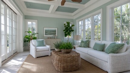 Fototapeta premium A coastal-themed living room seafoam green accents, white wicker furniture, large windows, soft sunlight casting gentle shadows that