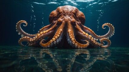 Obraz premium Octopus Resting on Seabed with Tentacles Curled in Dark Blue Ocean Water