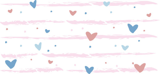 Cute minimalist seamless vector pattern featuring scattered hearts and stripes in pastel blue, white, and peach tones
