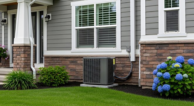 Fototapeta Modern House Exterior with Gray Ac Unit and Blue Hydrangeas