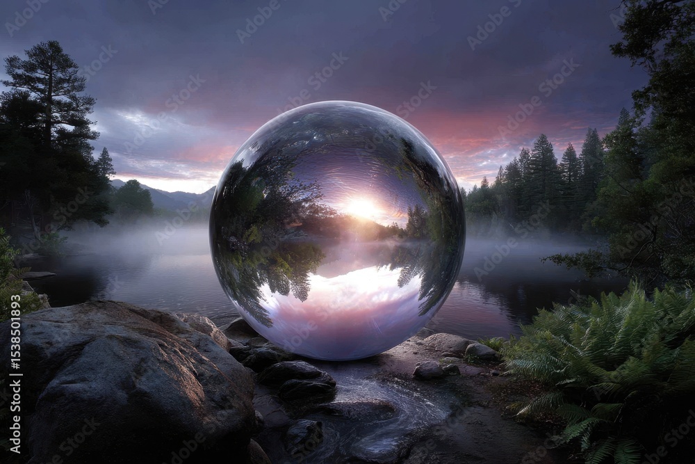 Poster reflective sphere by a tranquil lake at dawn in a misty forest setting