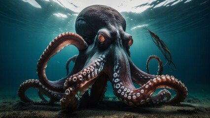 Close-up of a Large Octopus on Ocean Floor with Tentacles Spread Outward