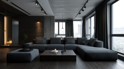 Fototapeta premium A contemporary living room dark wood floors, a charcoal gray sectional, soft lighting fixtures, sharp contrasts deep shadows