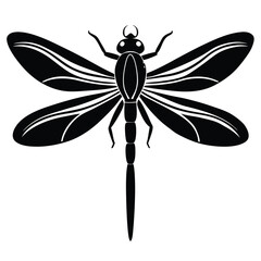 Bold black dragonfly displays intricate wing details with delicate body segments, creating unique stencil