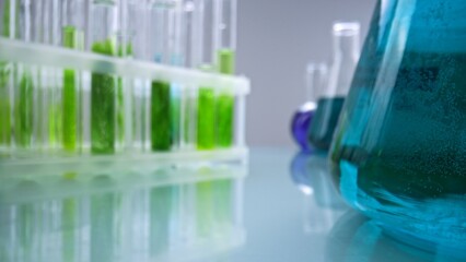Test tubes with green plant samples and colorful chemical flasks in laboratory