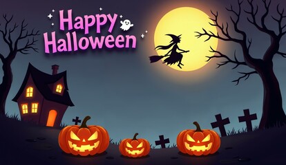 Happy Halloween scene with pumpkins, a witch flying by moonlight, and a haunted house