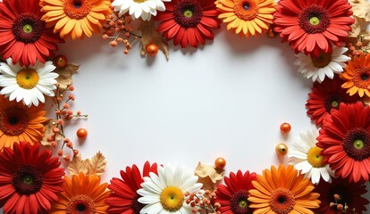 Obraz premium Vibrant floral arrangement framing a blank white center, featuring red, orange, and white flowers with autumn leaves.