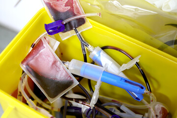 Medical waste that was thrown into a special bin located in a blood analysis laboratory where blood is donated to a hospital.