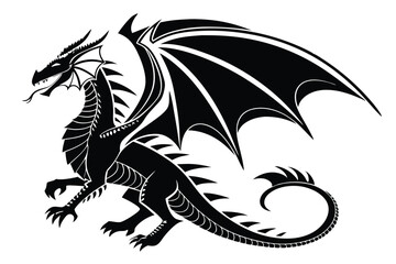 Majestic black dragon with expansive wings and a spiked tail breathes mythical power