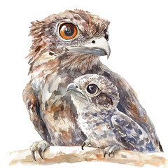 A Mother Potoo With Her Kid, watercolor clipart vector, isolated on a white background.