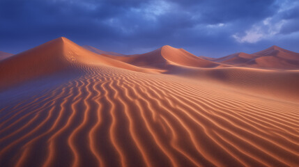 Rippling golden sand dunes stretch across desert landscape beneath dynamic cloudy sky, showcasing the beauty of remote wilderness. Concept of adventure, travel, exploration