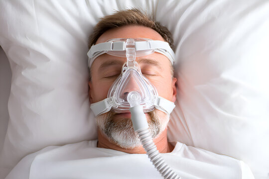Mature man sleeping with cpap machine for sleep apnea treatment