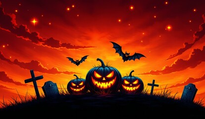 Halloween Scene with Pumpkins, Bats, and Graveyard under a Fiery Sky