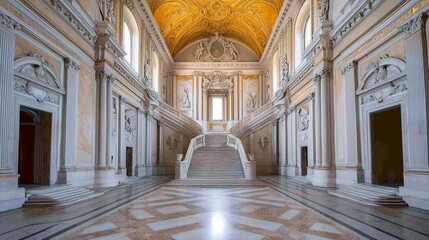 Obraz premium Ornate grand staircase in a lavish historic palace with marble floors, high ceilings, and intricate architectural details.