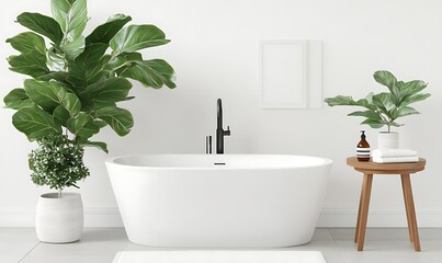 Modern bathroom decor with a white bathtub and green plants