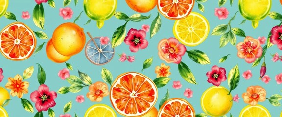 Vibrant watercolor floral citrus pattern, seamless repeat for textile, wallpaper, and surface design,  wrapping paper,  pretty
