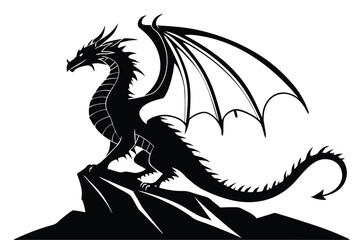 Majestic black dragon with detailed wings confidently stands on a rocky crag