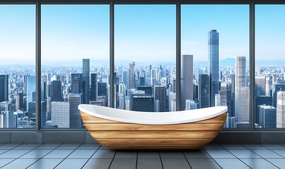 An elegant bathtub rests inside a high rise apartment room