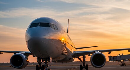 Commercial Airplane with Reflective Fuselage at Golden Sunset