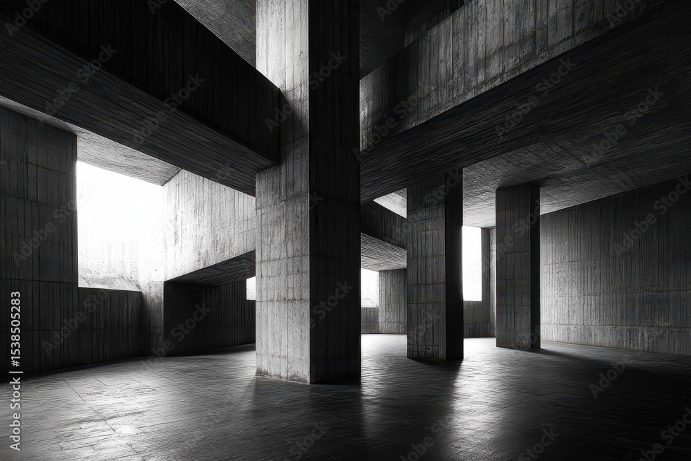 Poster dark concrete interior with geometric patterns and natural light filtering through openings, creatin