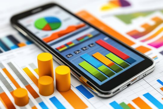 Market analysis graphics showcase various data visualizations on a smartphone next to colorful bar charts and graphs, emphasizing data trends and insights