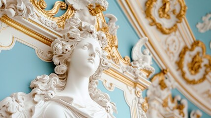 Fototapeta premium Elegant white and gold baroque sculpture decorates a lavish blue interior ceiling, showcasing ornate classical artistry and intricate detail.