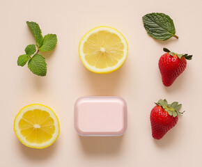 Minimalist arrangement with a sliced lemon, strawberry, fresh mint leaves, a container of pink cream or yogurt