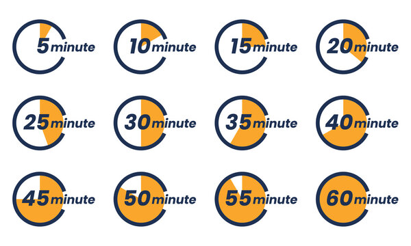 Set of Countdown timer icon start from 5 to 60 minutes. Numeric countdown elements for progress tracking, Time Tracking Illustration,Stopwatch Countdown Icons