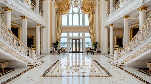 Grand, luxurious marble foyer with sweeping staircases, golden accents, ornate columns, chandeliers, and elegant decor in a palatial interior.