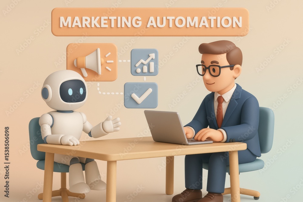 Poster marketing automation concept with robot and businessman working