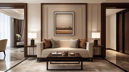 Elegant modern living room with neutral tones, cozy sofa, stylish coffee table, lamps, and wall art, exuding comfort and sophistication.