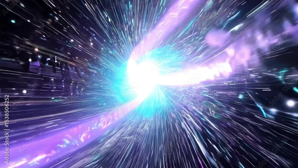 Poster abstract visualization of energy source with bright light and flowing particles creating a cosmic ef