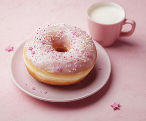 Powdered donut close-up with delicate star sprinkles on a light pink surface alongside a cup