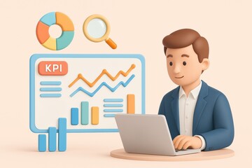 Businessman working on laptop with KPI chart and magnifying glass