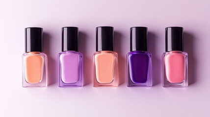 Six nail polish bottles in a 2x3 grid, showcasing vibrant shades of purple, pink, and peach