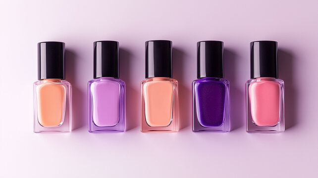 Six nail polish bottles in a 2x3 grid, showcasing vibrant shades of purple, pink, and peach