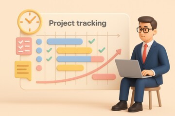 Project tracking chart with businessman working laptop showing